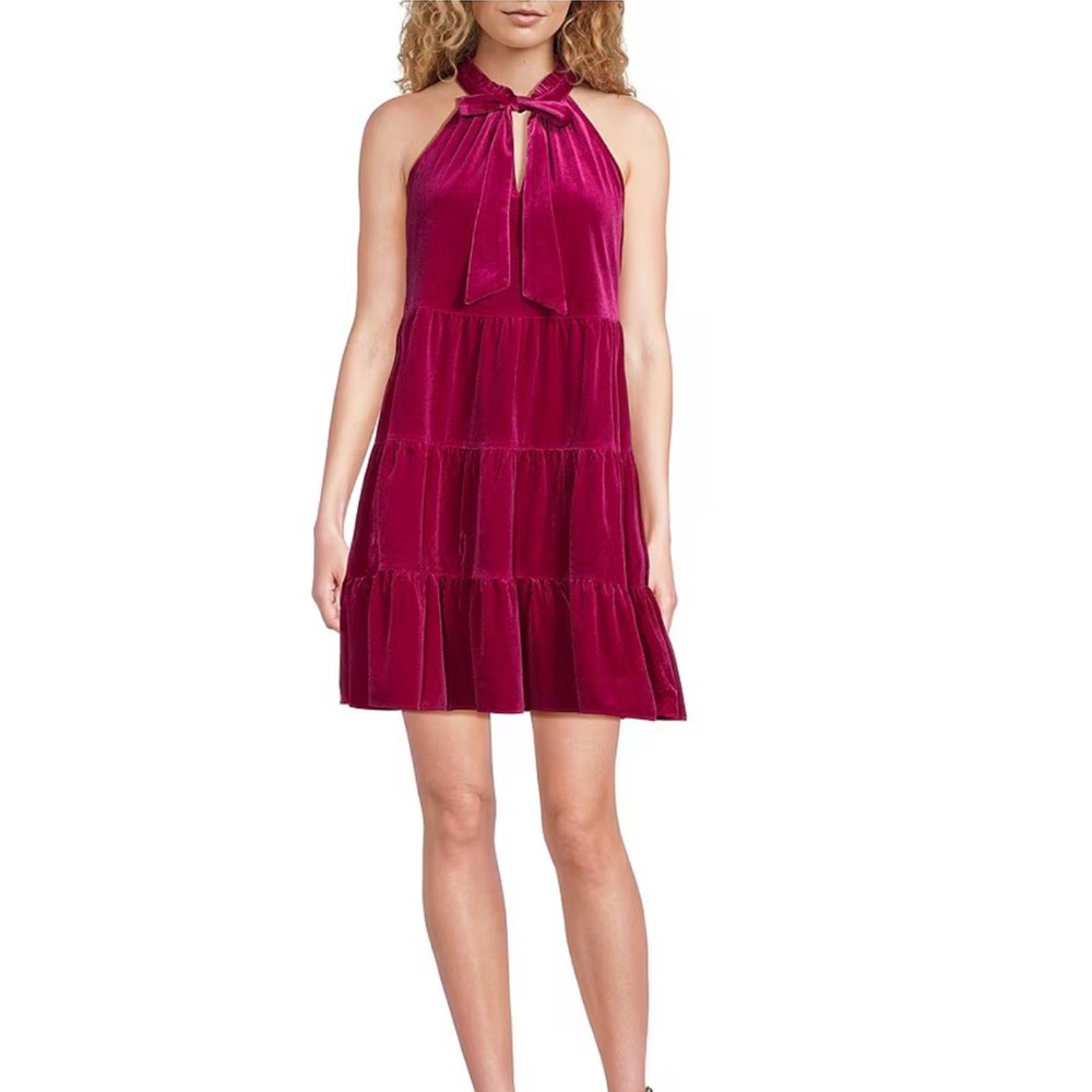 Skies are Blue - Velvet Tiered Halter Neck Sleeveless Front Bow Mini Dress